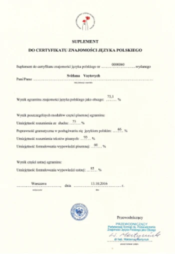 Державний сертифікат Республіки Польща на рівні B1, В2, С1, С2